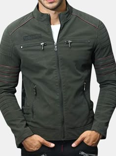 Men's Zipper Pu Leather Jackets - Olive Green