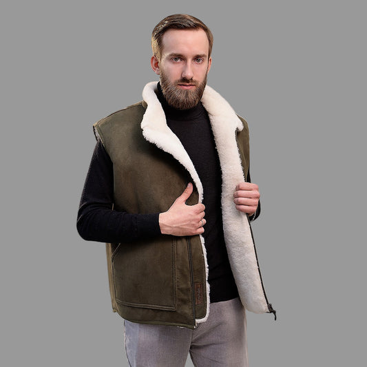 Olive Green Leather Shearling Fur Jacket