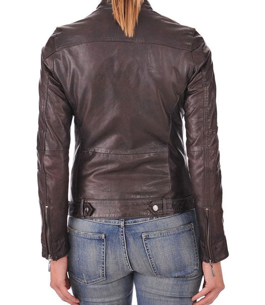 Slim Fit Women Dark Brown Leather Jacket