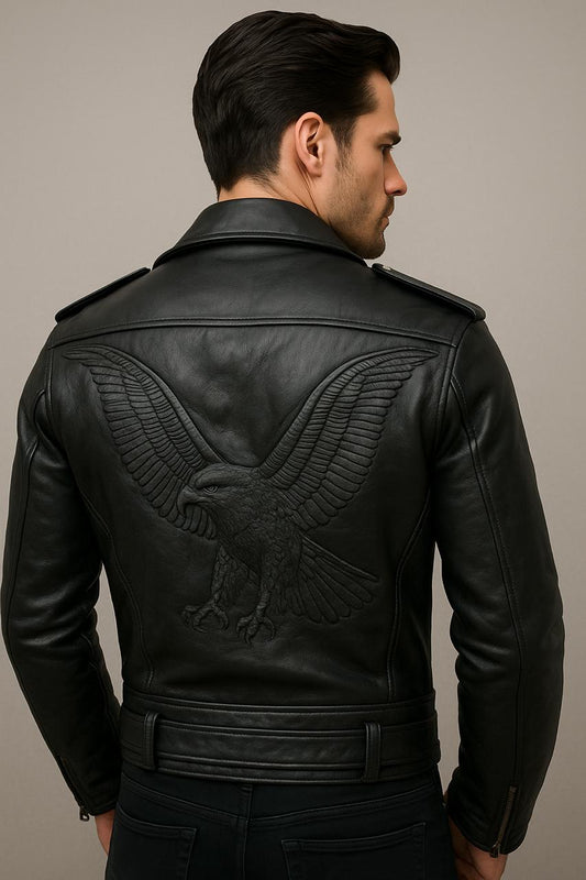 Black Leather Jacket - Eagle Embossed