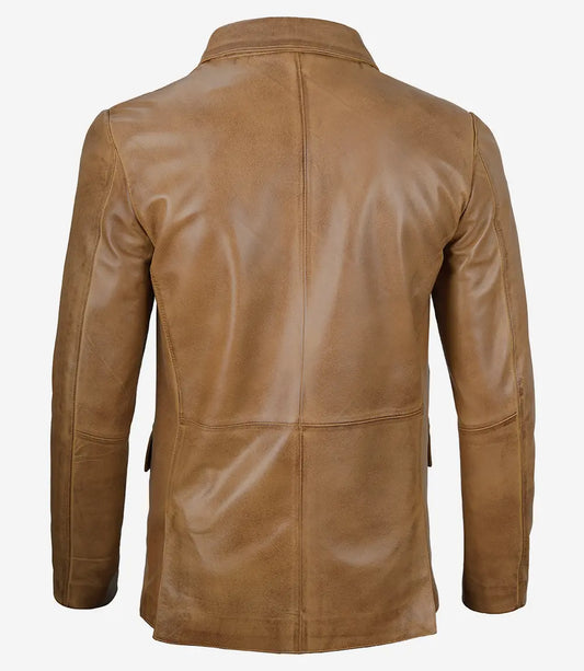 Men's Two Button Camel Brown Leather Blazer