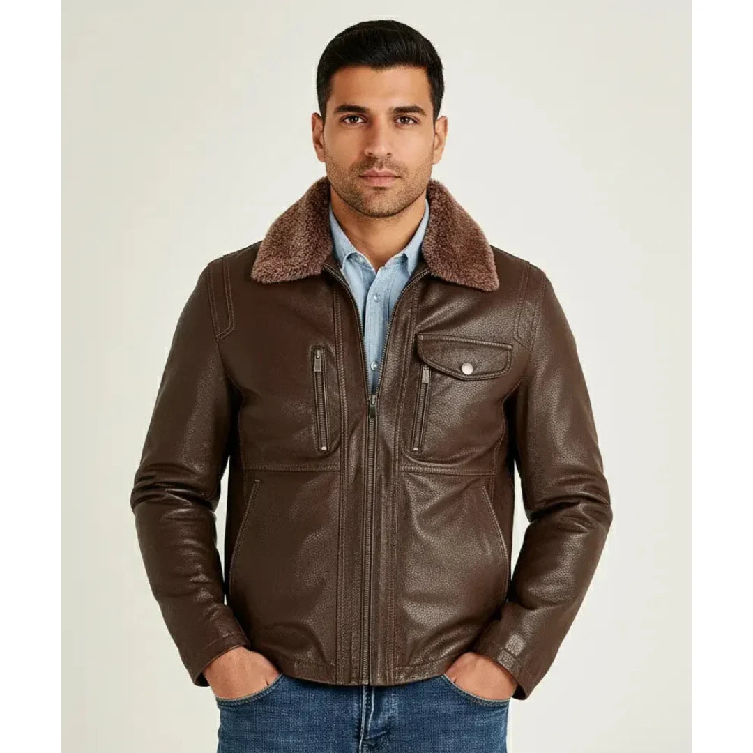 ANGELO BROWN HEARLING COLLAR LEATHER JACKET