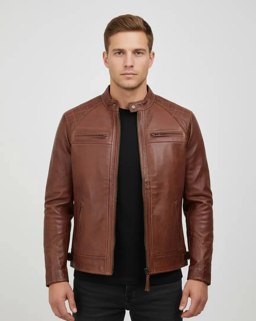 Brown Distressed Cafe Fitted Leather Jacket