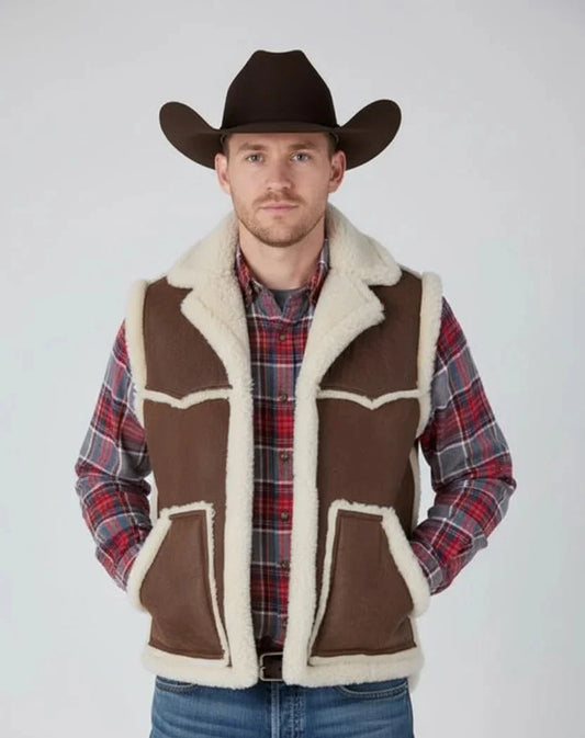 Sheepskin Rancher Vest with Collar Wool out Seams