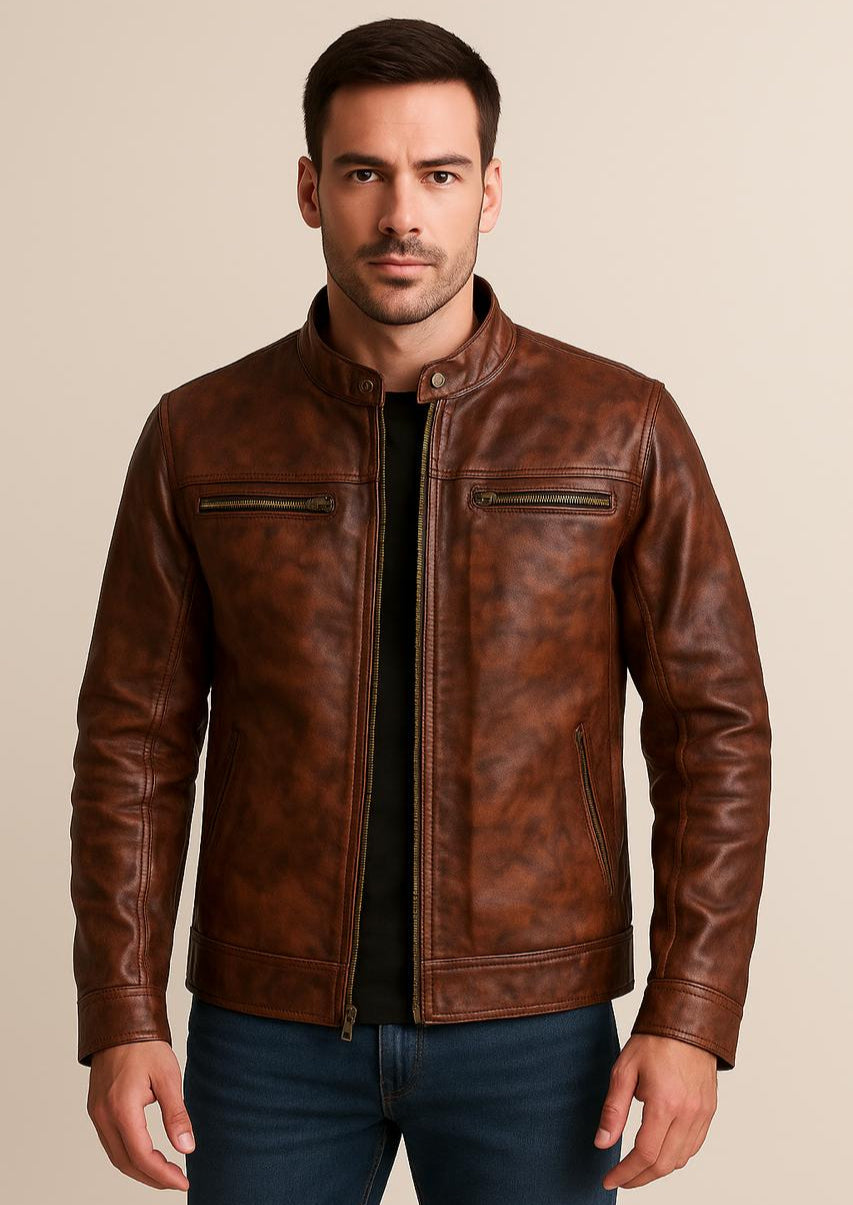 Men’s Distressed Brown Leather Café Racer Jacket