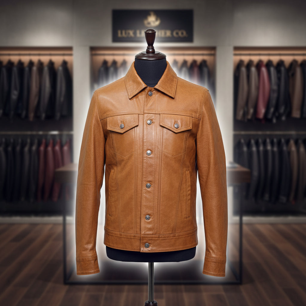 Men's Camel Brown Trucker Leather Jackets