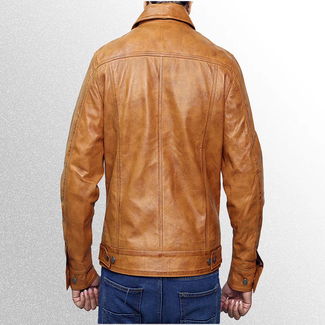 Men's Camel Brown Trucker Leather Jackets