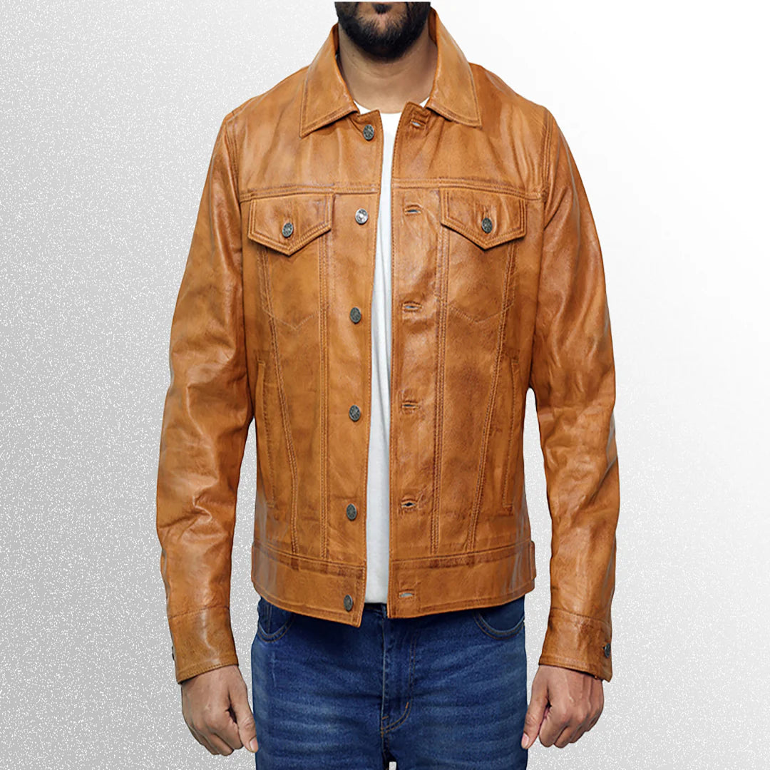 Men's Camel Brown Trucker Leather Jackets