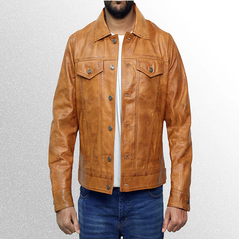 Men's Camel Brown Trucker Leather Jackets