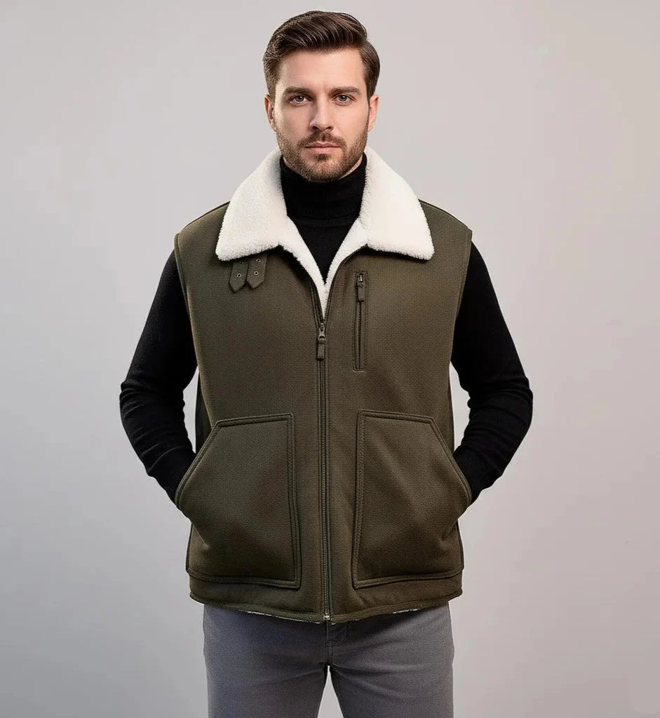 Olive Green Leather Shearling Fur Jacket