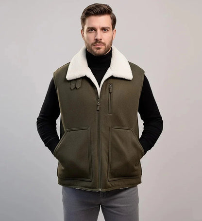 Olive Green Leather Shearling Fur Jacket