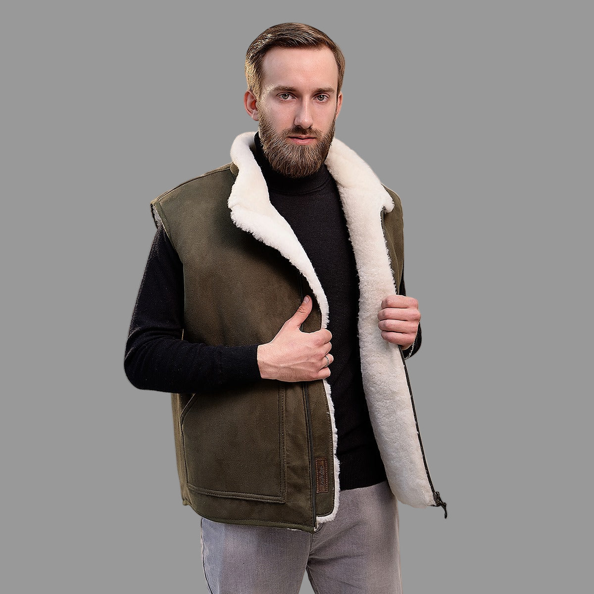 Olive Green Leather Shearling Fur Jacket