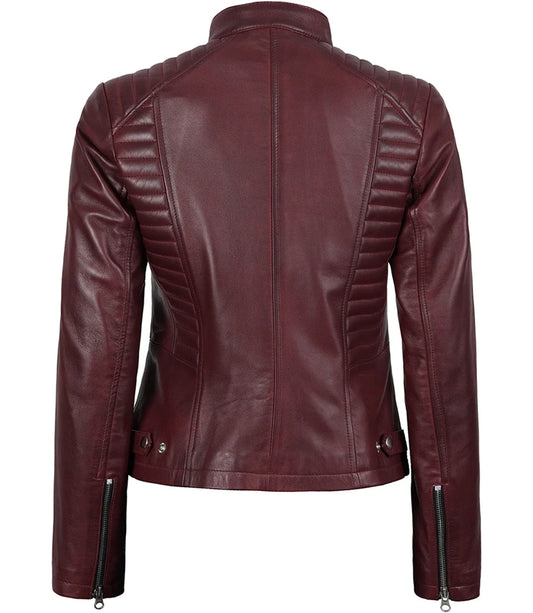 Women’s Slim Fit Moto Leather Jacket - Maroon