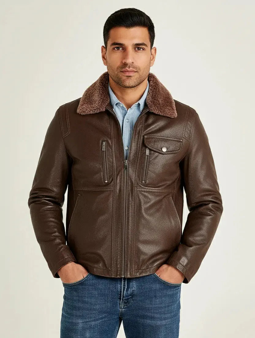 ANGELO BROWN HEARLING COLLAR LEATHER JACKET