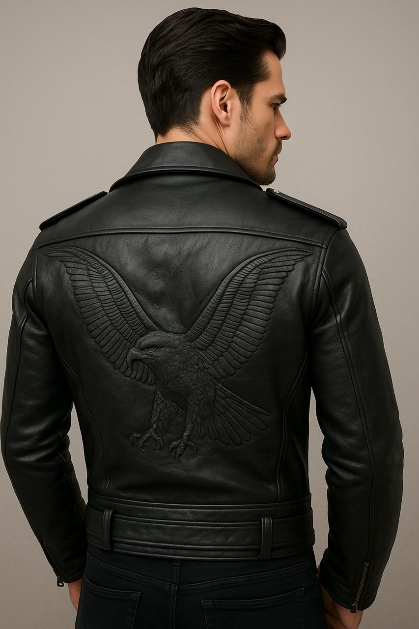 Black Leather Jacket - Eagle Embossed