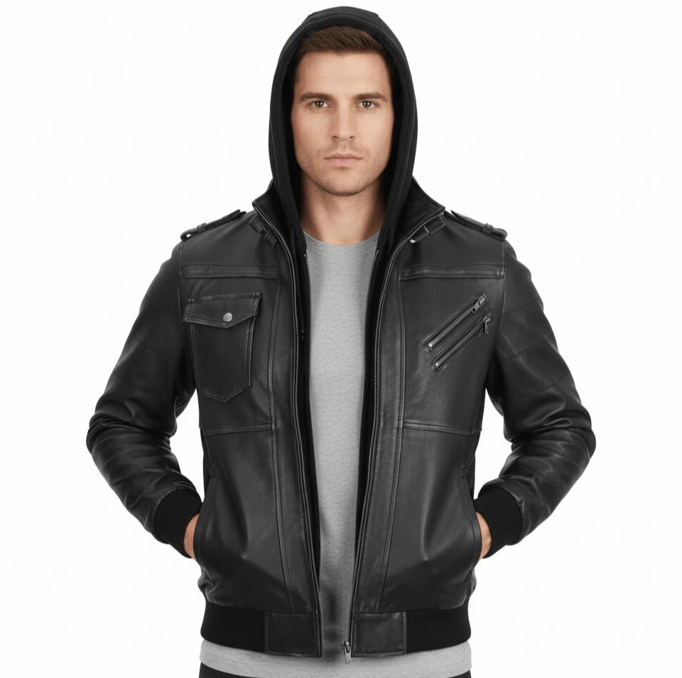 Men's Dark Gray Leather Bomber Jacket