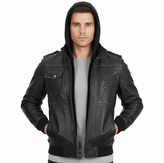 Men's Dark Gray Leather Bomber Jacket