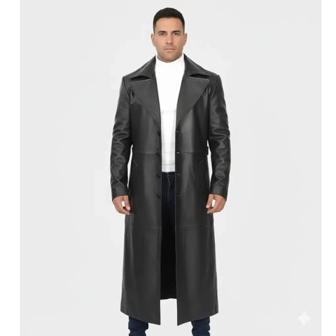 Men's Full-Length Black Leather Coat