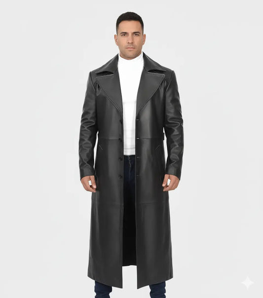 Men's Full-Length Black Leather Coat