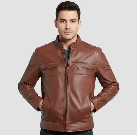 Men’s Racer Leather Jacket - Cognac Waxed