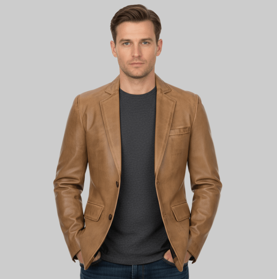 Men's Two Button Camel Brown Leather Blazer