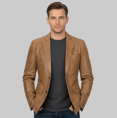 Men's Two Button Camel Brown Leather Blazer