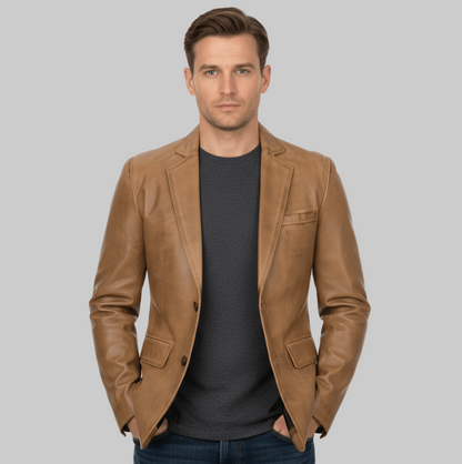 Men's Two Button Camel Brown Leather Blazer