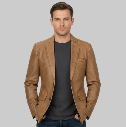 Men's Two Button Camel Brown Leather Blazer