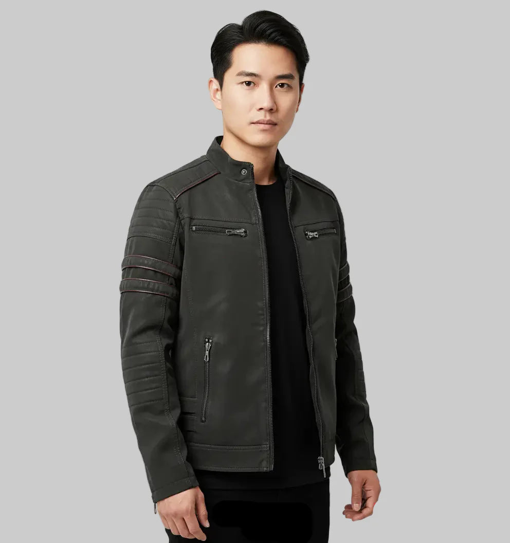 Men's Zipper Pu Leather Jackets - Olive Green