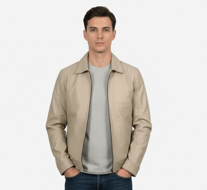 Men's Shirt Collar Beige Harrington Leather Jacket