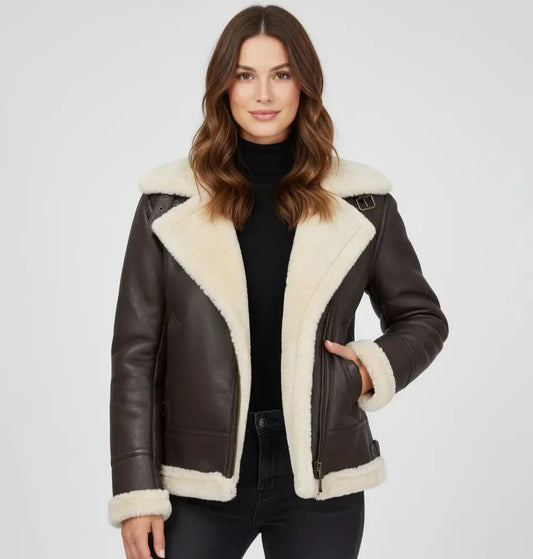 Dark Brown Shearling Leather Jacket – Classic Winter Aviator Style