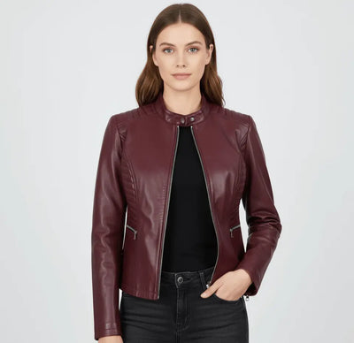 Women’s Slim Fit Moto Leather Jacket - Maroon